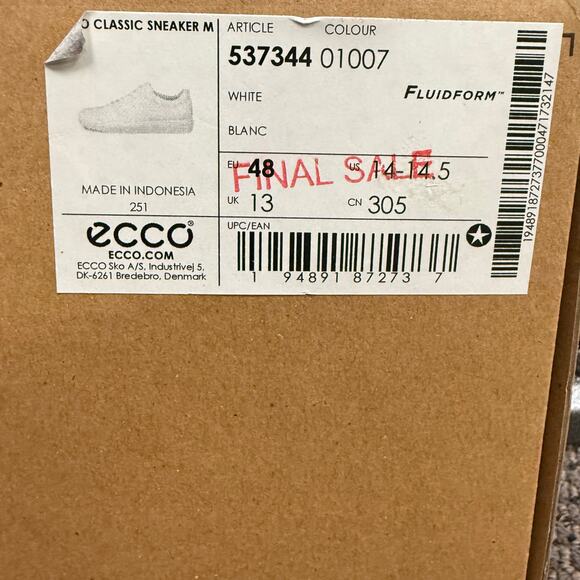 ECCO MEN\'S 48 CLASSIC SNEAKER TRIPLE WHITE CASUAL STYLE 53734401007 NIB